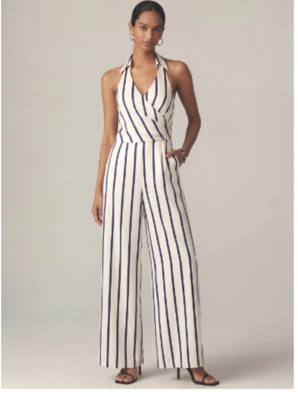 Lulu's Sz XL White Halter Wide-Leg Jumpsuit with Navy Stripes